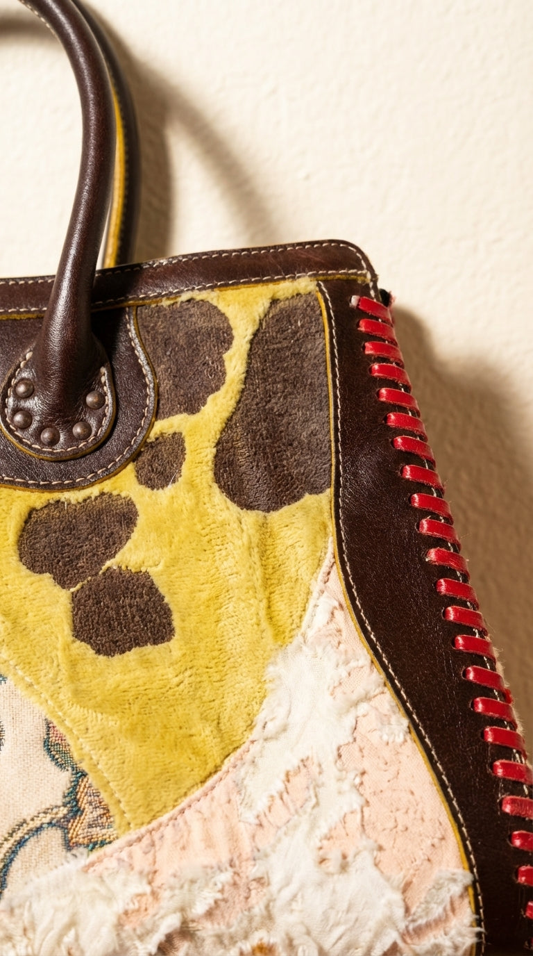 Vintage Patchwork Leather & Fabric Tote - micro shot