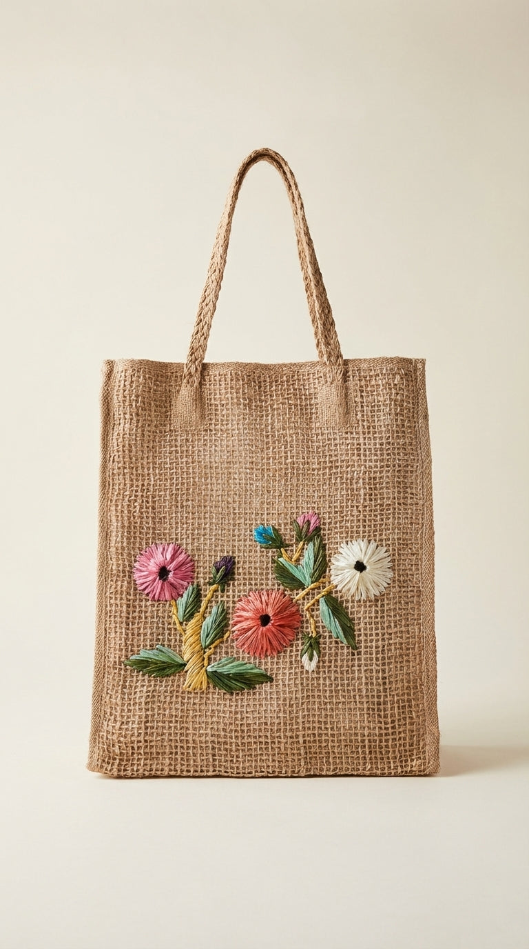 Vintage Jute Floral Tote Bag  Hand-Embroidered Raffia Flowers - studio shot
